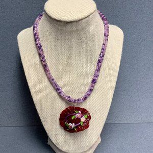 Red Hat Society Necklace Pendant Purple Seed Bead Pink Flower Green Leaf Silver